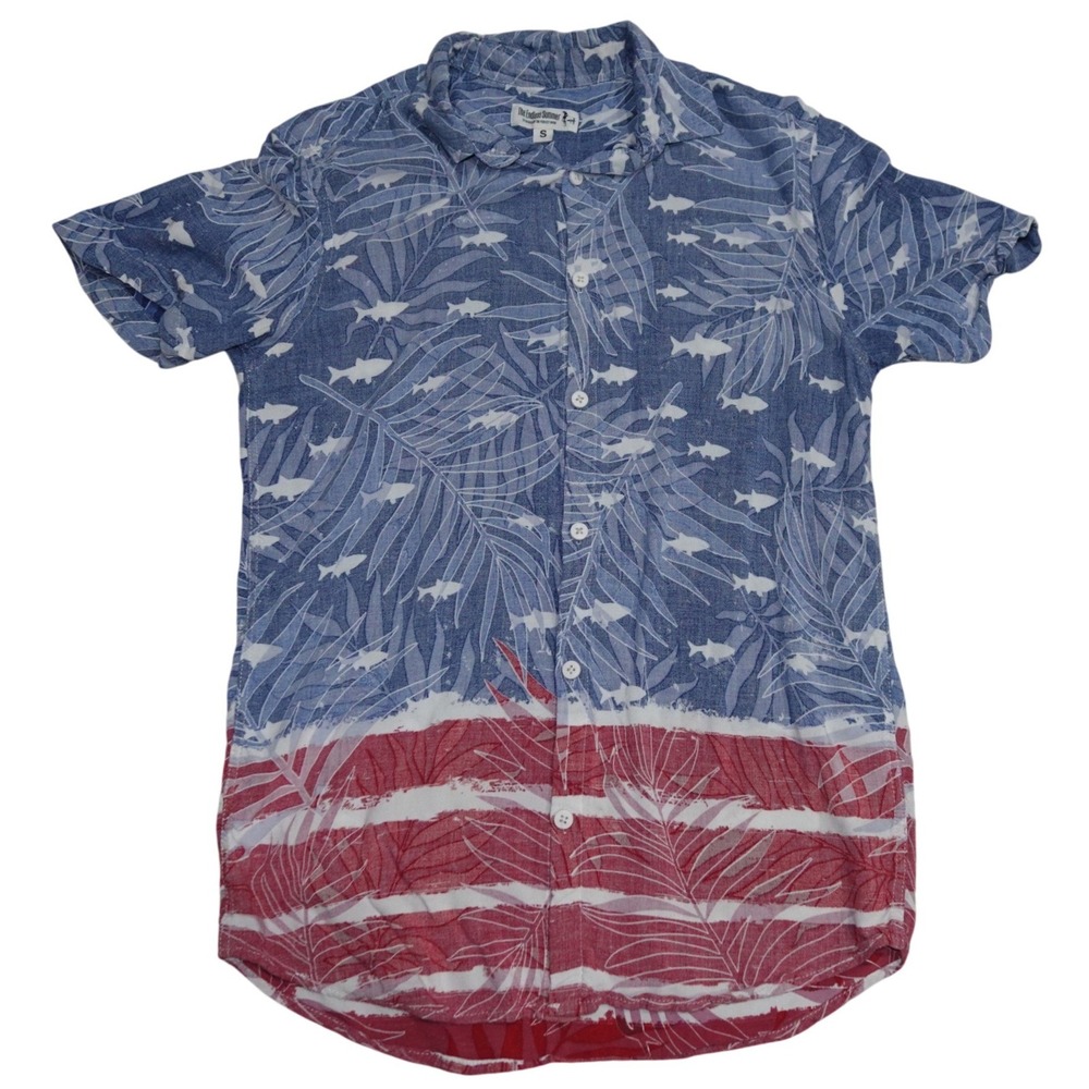 The Endless Summer Shirt Mens Small Rayon Blue Red Americana Tropical Button Up